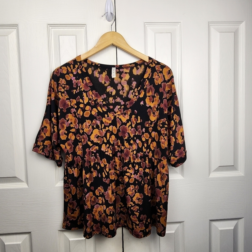 MTS Boutique Black and Brown Abstract 3/4 Sleeve Stretch Blouse Size S